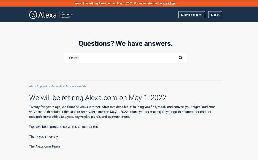 提供网站排名数据的 Alexa 将在明年 5 月关闭插图